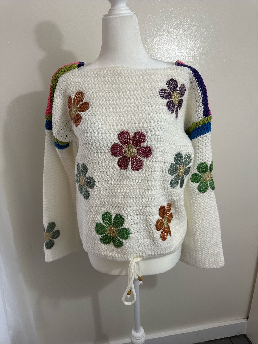 White Crochet Crewneck Sweater with Multicolor Flower Appliqués